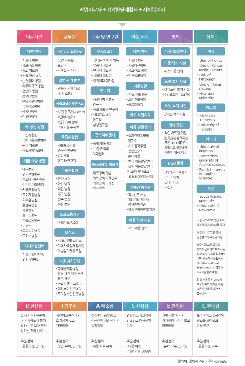 작업치료사 + 사회복지사(융합적 복수 전공)
	[의료기관] 대학병원:서울대병원,세브란스병원,경희의료원,서울아산병원,순천향대병원,아주대학교병원,건양대병원,전북대병원,분당서울대병원,국제성모병원,중앙대병원,인하대병원  / 국공립 병원:국림재활원,국립교통재활병원,원주의료원,국림중앙의료원 / 재활요양병원:예은병원,명지춘혜병원,푸르메재단넥슨 어린이재활병원, 서울재활병원,로이재활병원,미추홀병원,휴앤유병원,새울병원,웰리스병원,한솔요양병원,린병원,트리니티병원,고려수병원 / 치매지원센터:서울,대전,천안,인천,강원도
	[공무원] 국민 건강 보험공단:요양직,보건직,지역실거주자 / 질병관리본부:전문임기제나급(위기소통) / 국림과학수사연구소:보건연구사(공중보건)법의학분야,연구기획분야,의료기술 주사보 / 국립재활원:재활보조기술 연구과 연구원,임상재활 연구과 연구원 / 국림재활원:인천병원,아산병원,대전병원,대구병원,광주병원,순천병원 / 도로교통공단:작업치료7급갑 / 보건소:시,도,구별 보건소,지역사중심재활사업,지방임기제공무원 / 지방자치단체:광역별재활병원(인천,대전,대구,부산,광주,제주),국립암센터(고양시),대전노인전문병원,조치원노인전문병원
	[교수 및 연구원] 국내외 교수:국내는 석,박사 취득,우송대 대학원,연세대 대학원, 서울대 대학원,이화여대 대학원 / 연구원:서울대학교병원 연구직,국림 재활원 연구직,세브란스병원 연구직,삼성연구원 / 광역치매센터:중앙치매센터,13개 지역의 치매센터 / 보조공학 및 의료기:의료장비개발,의료장비 교육업무, 의료장비 마케팅(해외포함)
	[아동 치료] 대학병원:서울대병원,서울아산병원,세브란스병원,인천성모병원 / 재활병원:서울재활병원,로이재활병원,글로리병원 / 학교 작업치료 / 아동발달센터:솔파란아동발달연구소,시소감각통합,상담연구소,(주)더자람,한국아동발단센터,을지아동발달센터,이화여자대학교 발달장애 아동센터 / 장애인복지관:각 시,도 장애인복지관,영동구장애인복지관 / 아동복지시설:지역아동센터
	[창업] 아동발달센터 / 아동복지시설:지역아동센터 / 노인복지시설:재가노인복지시설(주간보호센터,요양원) / 노인복지시설:장애인 복지시설 / 해외 창업:작업치료원개원(한국,일본을 제외한 모든 OECD국각가 작업치료사의 병원개원이 가능.) / NGO활동:UN해외의료봉사,코아카단체,굿네이버스,적십자
	[유학] 미국:Univ of Florida,Univ of Kansas,medical center,Univ of pittsburgh,Univ of illinois,chicago,New york university / 캐나다:McMaster University,University of toronto / 캐나다:University of Brighton,Amsterdam University of Applied sciences,Zurich University of Applied Sciences / 호주:South Astralia University,University of Newcastle
	
	[R 현실형] 실제적이며 단순함. 여러사람들과 함께 일하는 것 보다 혼자 일하는 것을 선호. 추천분야:공공기관,연구원
	[I 탐구형] 지적이고 분석적임. 호기심이 많고 개방적임 추천분야:창업,유학,연구원
	[A 예술형] 상상력이 풍부하고 직관적임. 개방적이며 독창적임 추천분야:아동 치료, 유학
	[S 사회형] 명랑하고 사교적임. 친절하고 이해심이 있음 추천분야:아동치료, 의료기관, 공무원
	[E 진취형] 권련지향적이며, 지배적임. 야심이 많고 외향적임 추천분야:유학.교수,연구원
	[C 관습형] 보수적이고 실용적임. 변화를 싫어하고 안정 추구 추천분야:공공기관,교수